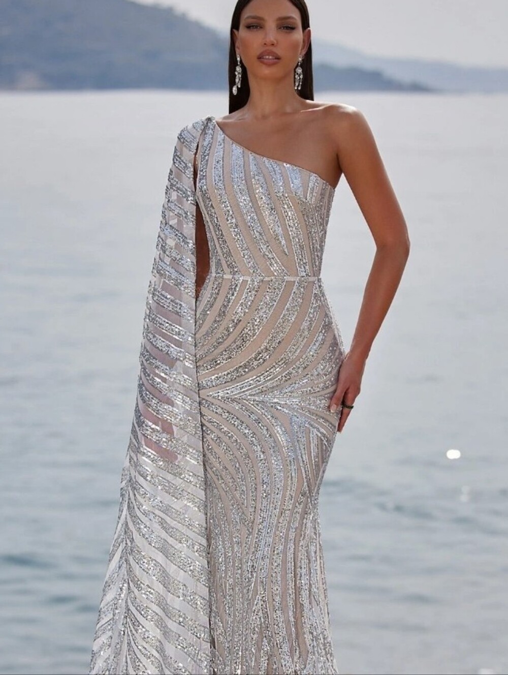 Sequin One-Shoulder Formal Gown in Silver